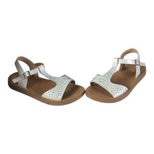 Link Comfort Girls White Rhinestone T-Strap Sandals Sz 3 Adjustable Buckle Strap